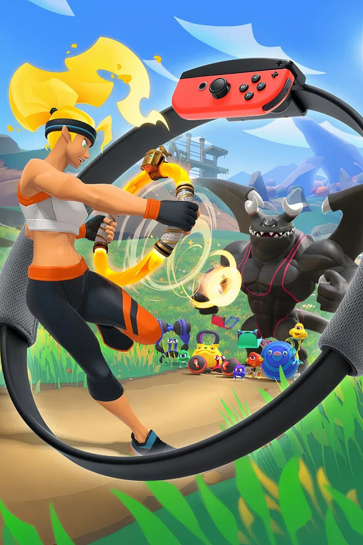 Hình ảnh tổng hợp thiết bị Ring-Con và dây đeo chân của Ring Fit Adventure, phụ kiện tập luyện chơi game.