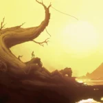 Hình ảnh trong game indie Bionic Bay với nhân vật đứng trên rễ cây, ánh nắng rực rỡ chiếu rọi.