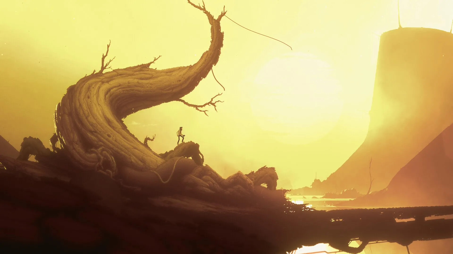 Hình ảnh trong game indie Bionic Bay với nhân vật đứng trên rễ cây, ánh nắng rực rỡ chiếu rọi.