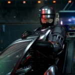 Hình ảnh trong game RoboCop: Rogue City với RoboCop bước ra từ xe cảnh sát.