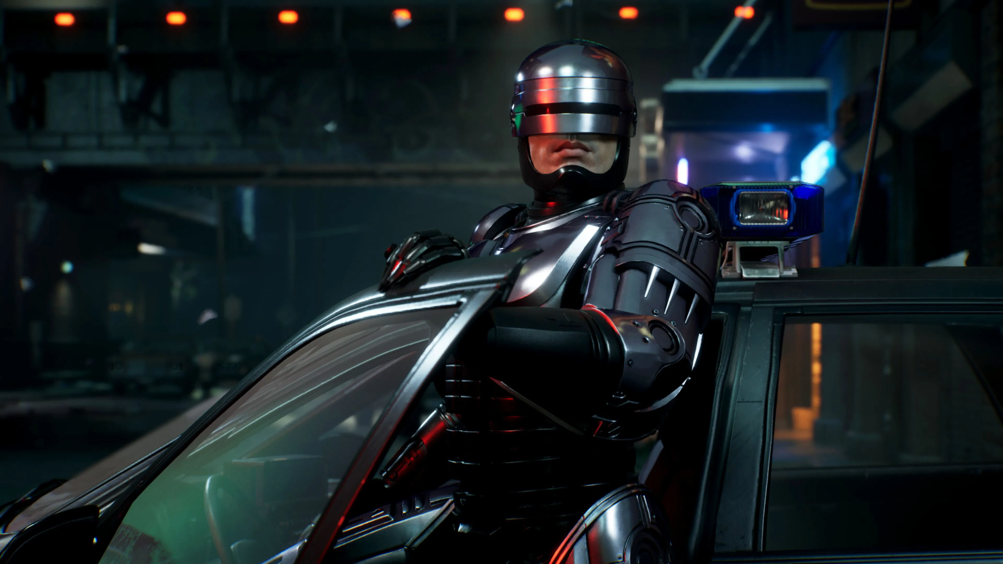 Hình ảnh trong game RoboCop: Rogue City với RoboCop bước ra từ xe cảnh sát.