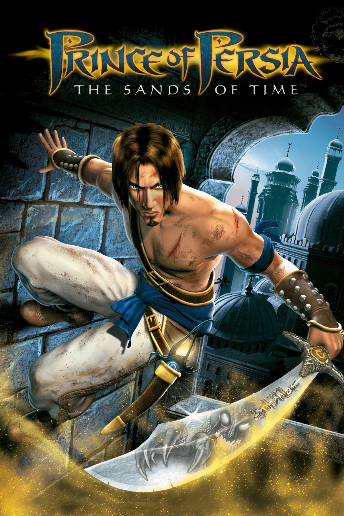Hoàng tử cưỡi trên lưng quái vật cát trong một cảnh quay ấn tượng của Prince of Persia: The Sands of Time, nổi bật với đồ họa 3D chi tiết trên Xbox.