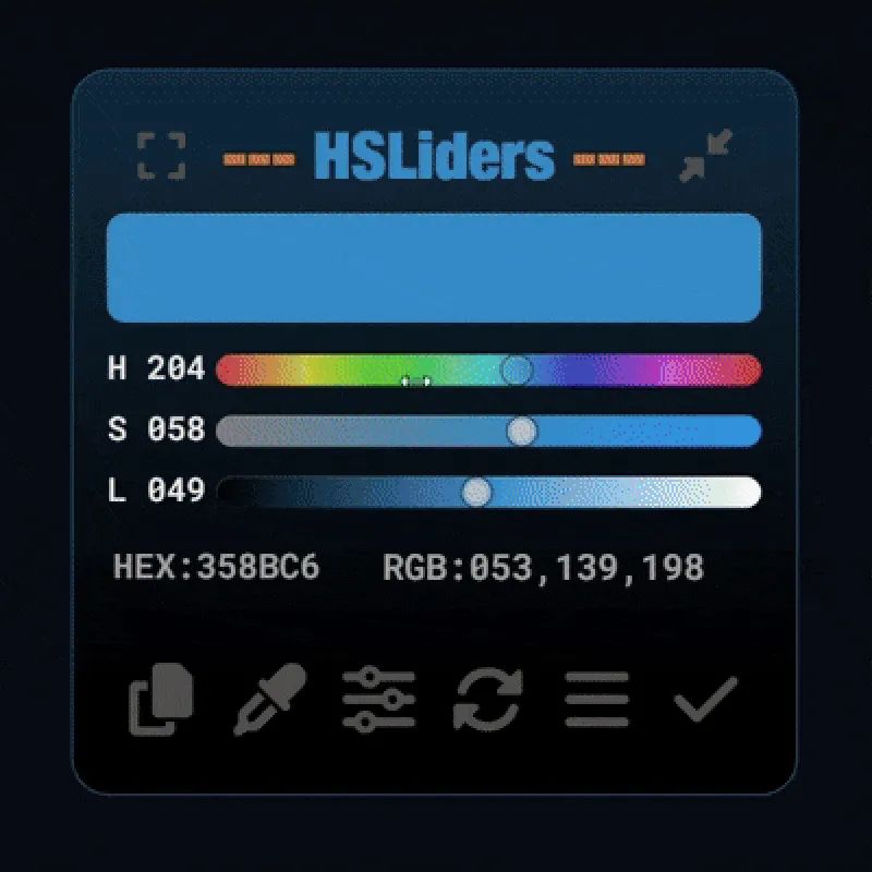 Hoạt ảnh minh họa các trường hợp sử dụng của HSLiders Rainmeter skin, bao gồm chọn màu và điều chỉnh HSL
