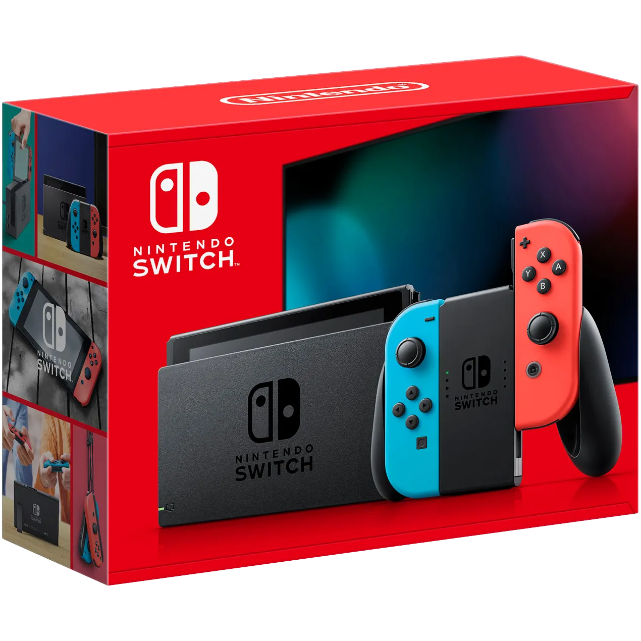 Hộp bán lẻ của máy Nintendo Switch với Joy-Con màu đỏ và xanh.