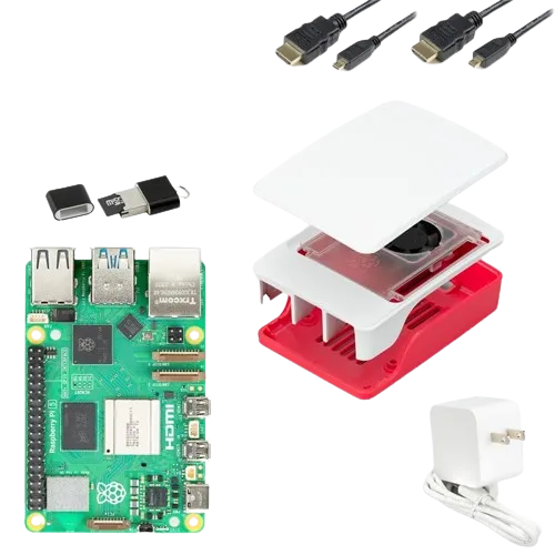 Hộp CanaKit Raspberry Pi 5 Starter Kit màu đỏ và trắng, bộ sản phẩm khởi đầu lý tưởng cho người mới học lập trình