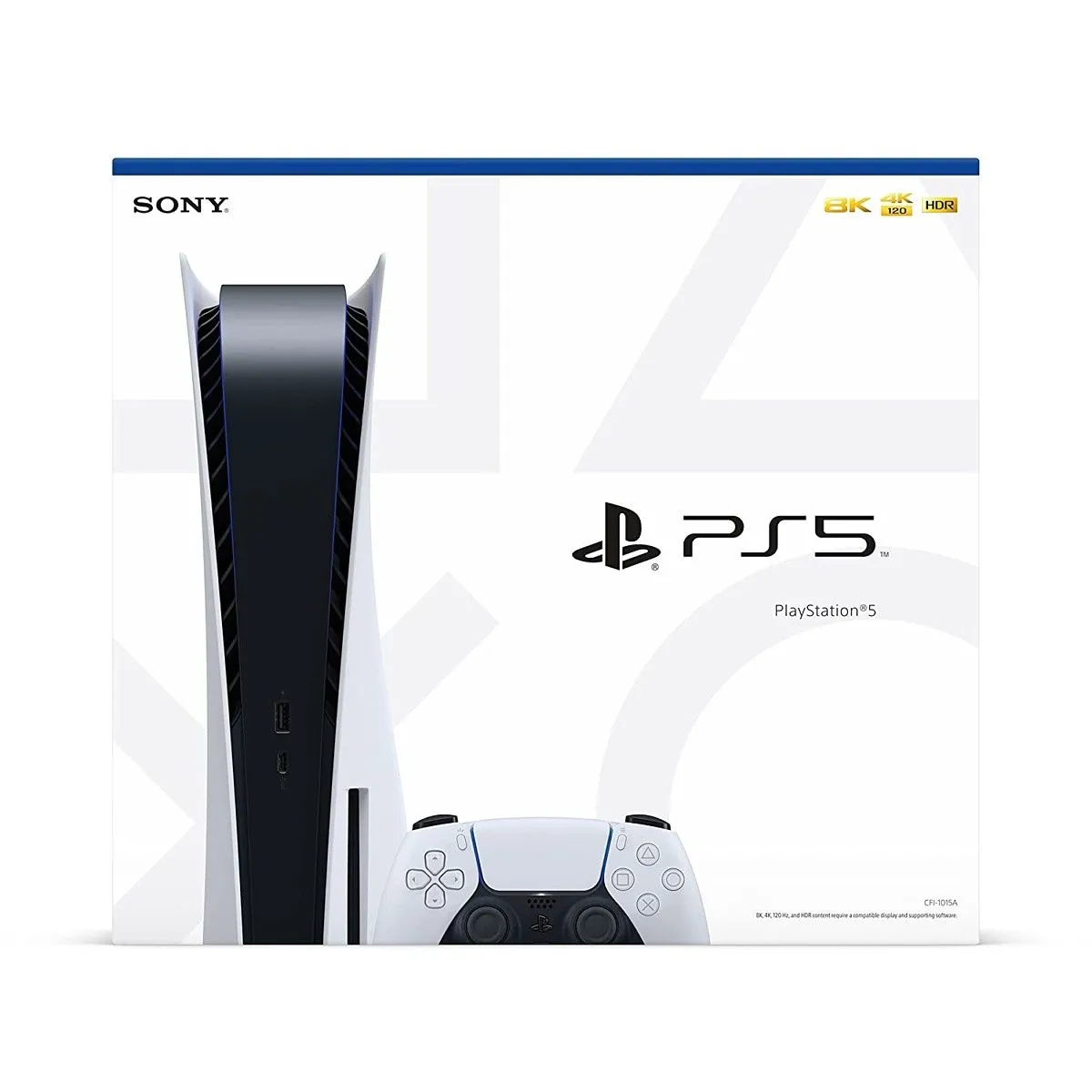 Hộp đựng máy PlayStation 5 tiêu chuẩn với thiết kế màu trắng hiện đại.