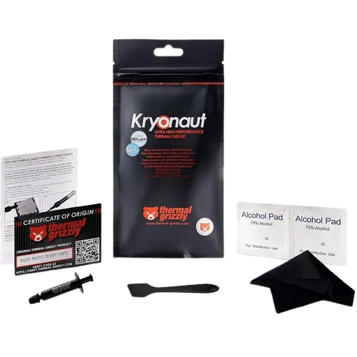 Hộp keo tản nhiệt Thermal Grizzly Kryonaut chất lượng cao, kèm miếng lau cồn và dụng cụ thoa