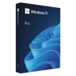Hộp sản phẩm bán lẻ Windows 11 Pro màu đen cùng với logo Microsoft và thông tin bản quyền