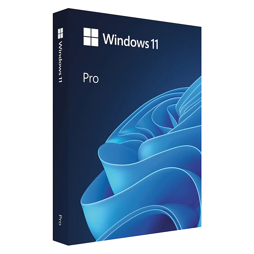 Hộp sản phẩm bán lẻ Windows 11 Pro màu đen cùng với logo Microsoft và thông tin bản quyền