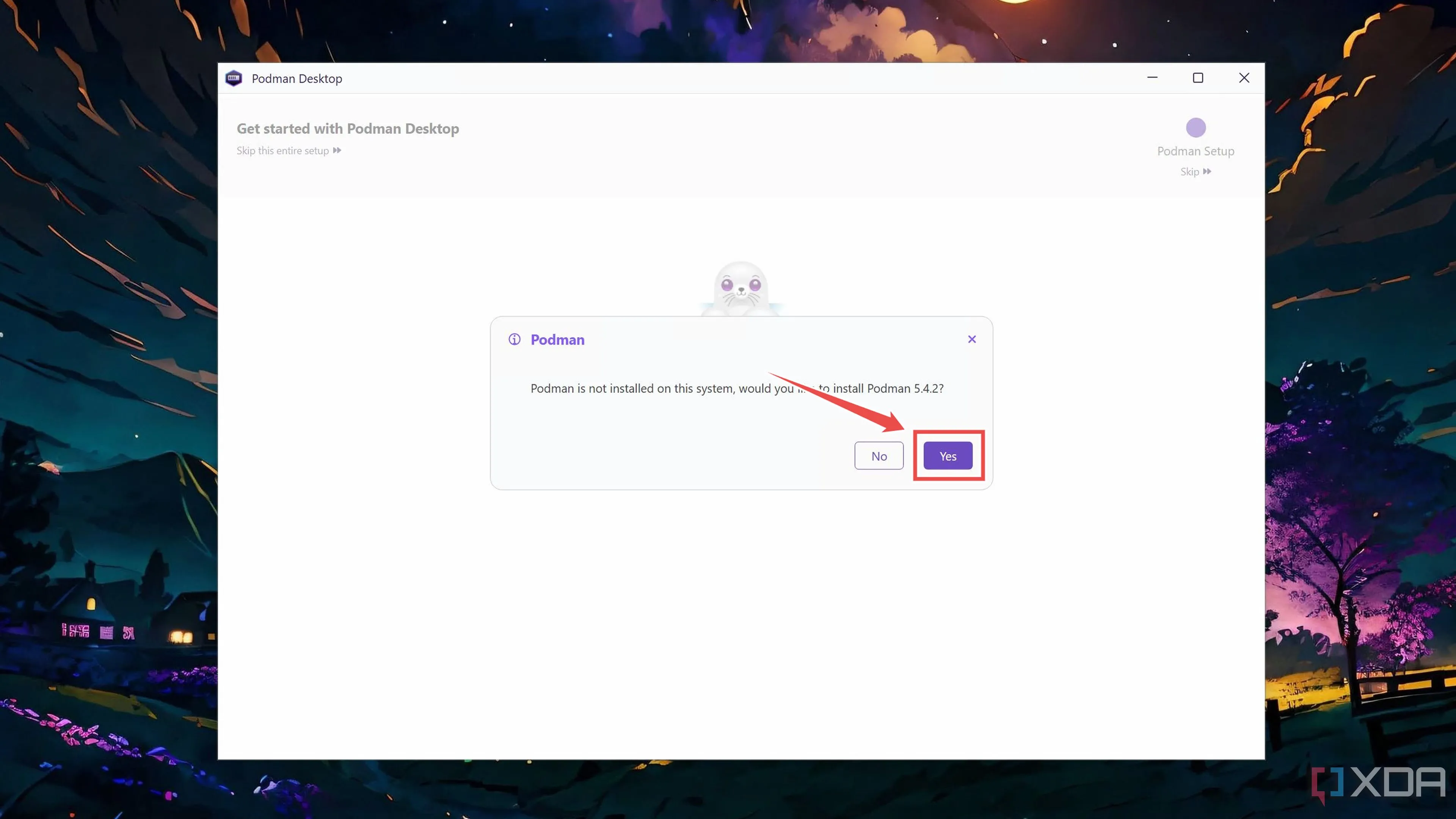 Hộp thoại Podman Desktop hỏi xác nhận cài đặt Podman runtime trên hệ thống Windows 11.