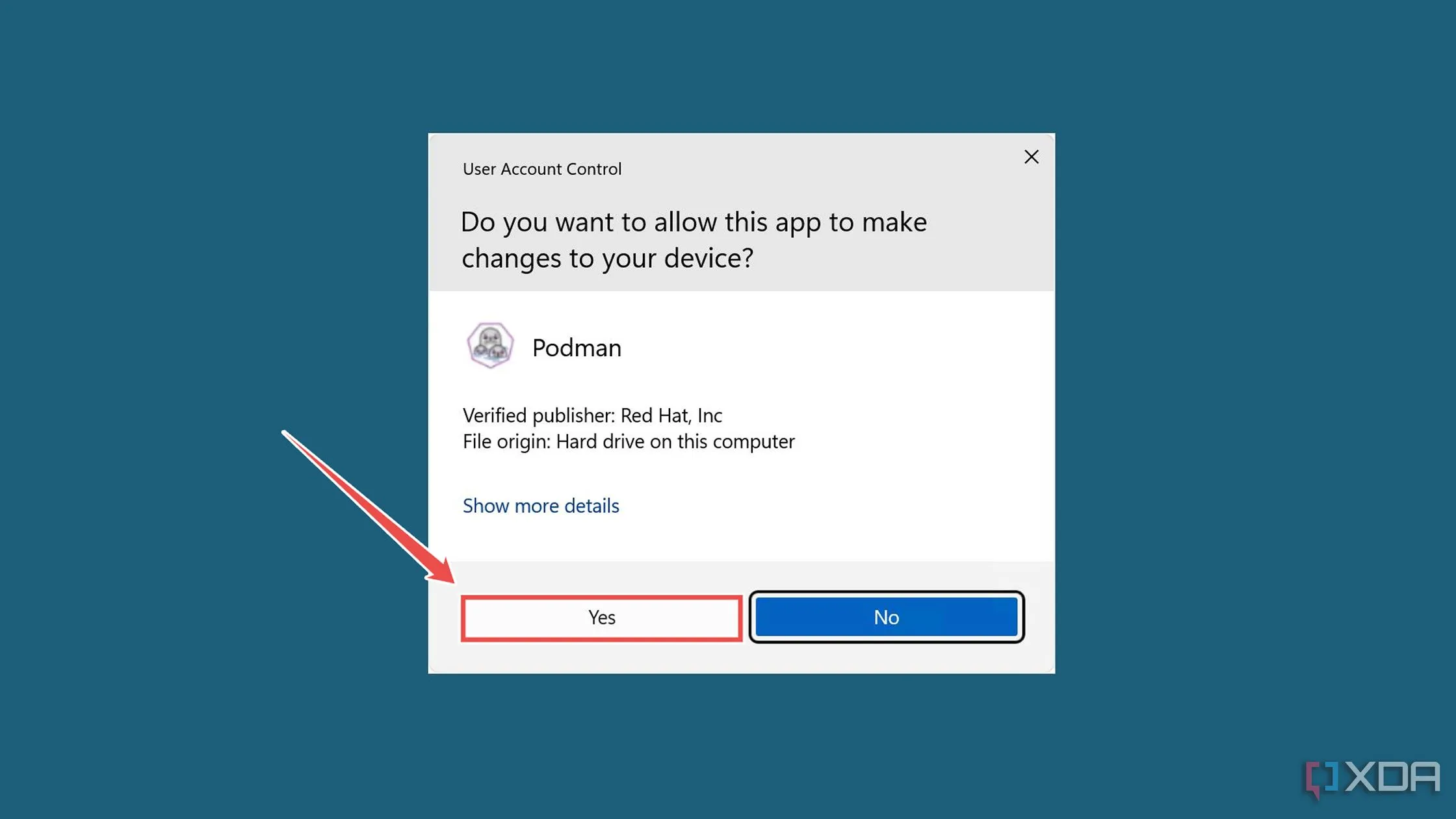 Hộp thoại User Account Control (UAC) yêu cầu xác nhận để Podman Desktop thực hiện thay đổi hệ thống.