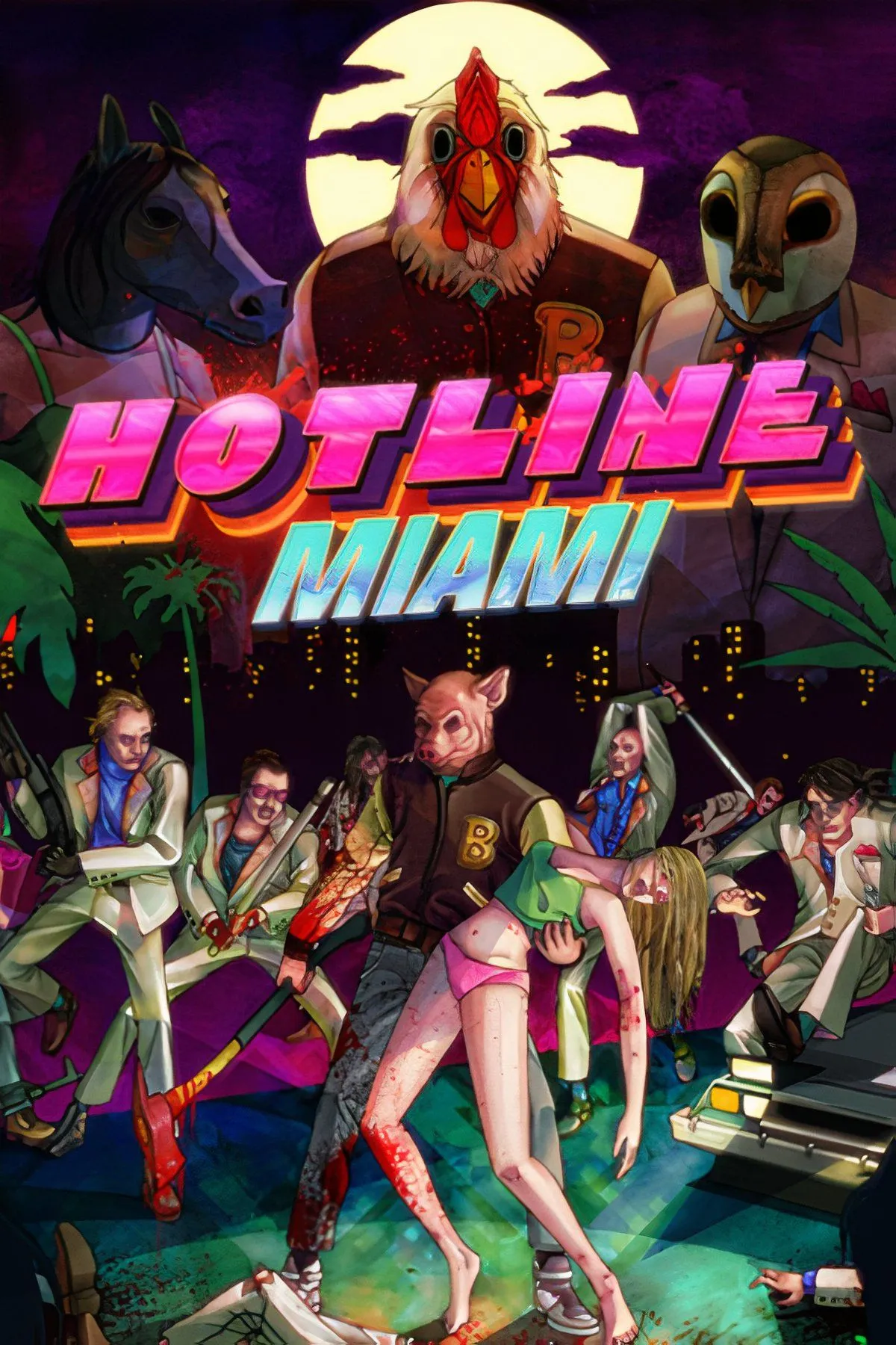 Hotline Miami với tông màu neon và cảnh hành động từ góc nhìn từ trên xuống.
