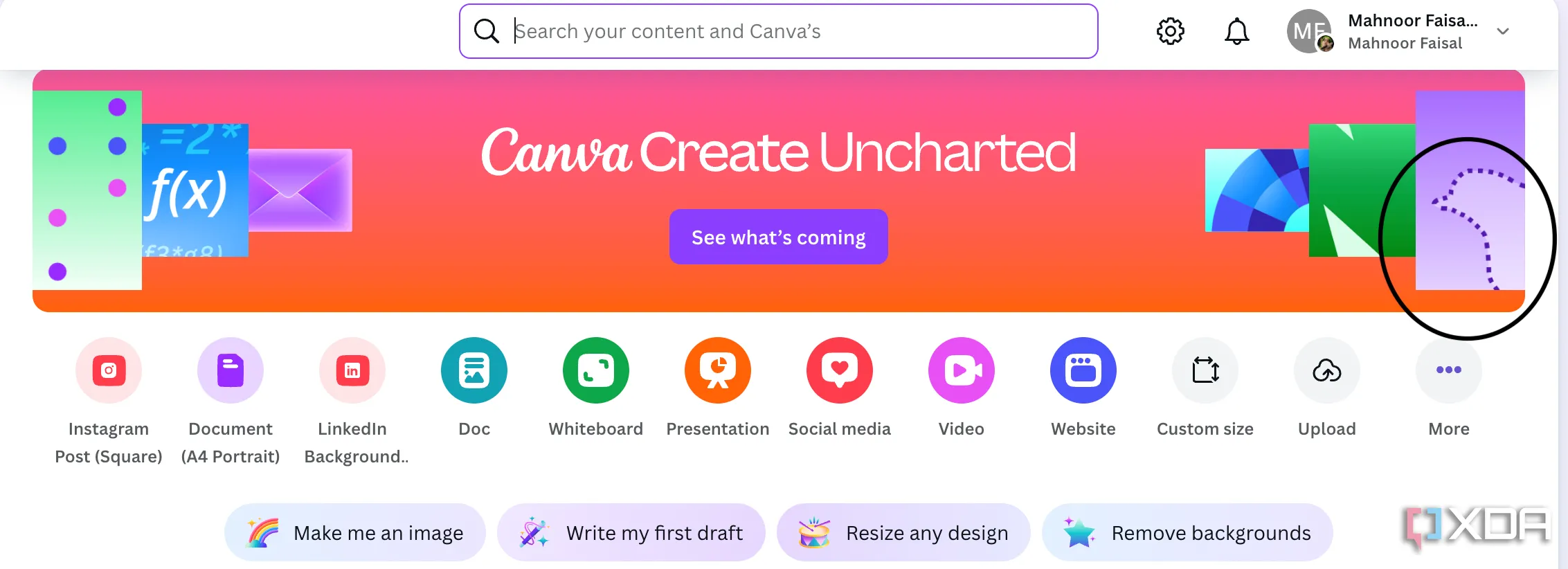Hướng dẫn truy cập các tính năng mới của Canva Visual Suite 2.0 từ giao diện chính của Canva.