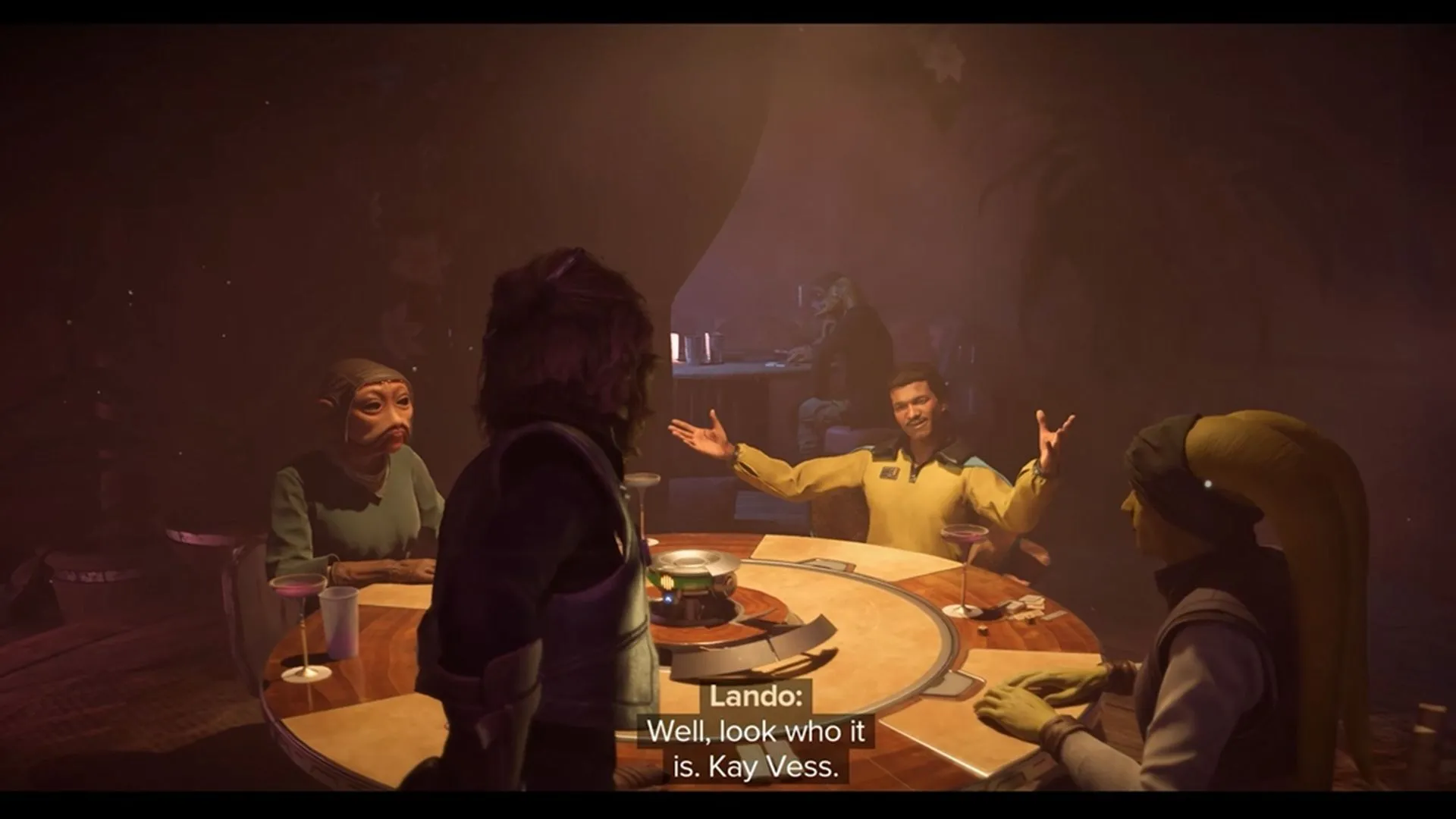 Kay Vess chơi Sabacc với Lando Calrissian trong Star Wars Outlaws
