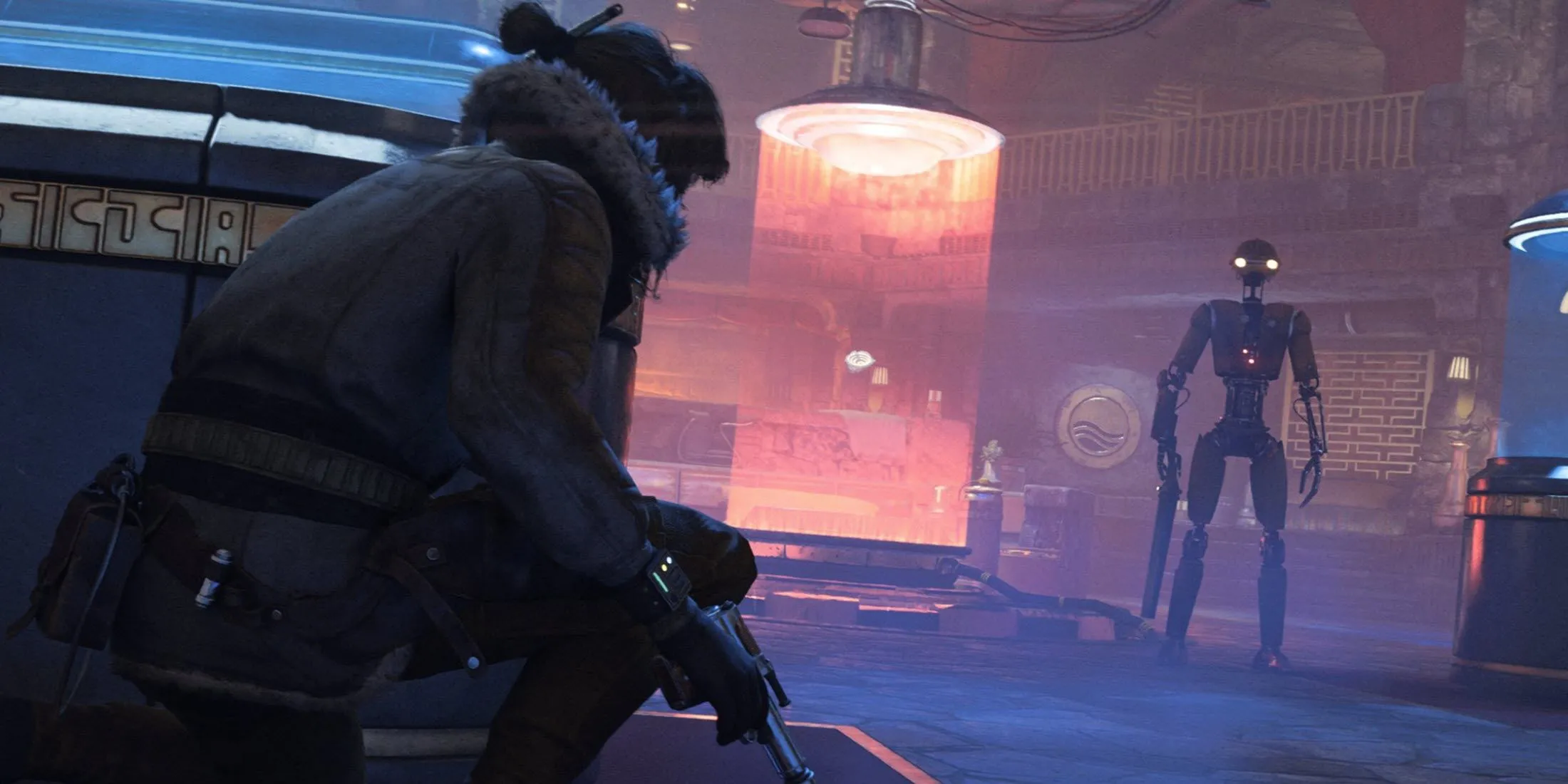 Kay Vess thực hiện hành động lén lút, ẩn mình trong môi trường game Star Wars Outlaws, cho thấy cơ chế chơi ẩn nấp.