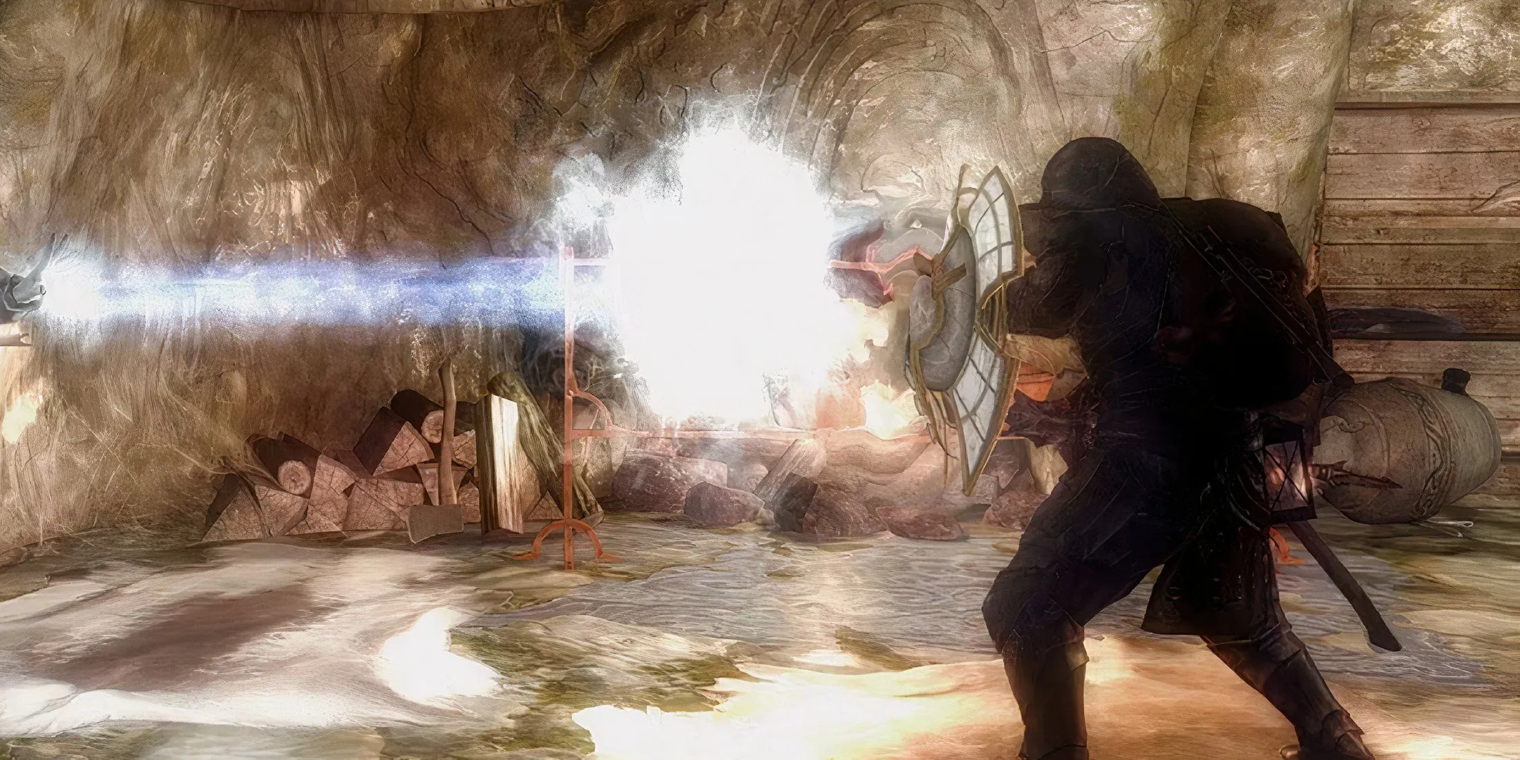 Khiên Spellbreaker đỡ phép thuật trong Skyrim, thể hiện cơ chế chiến đấu và trang bị đa dạng trong thế giới game.