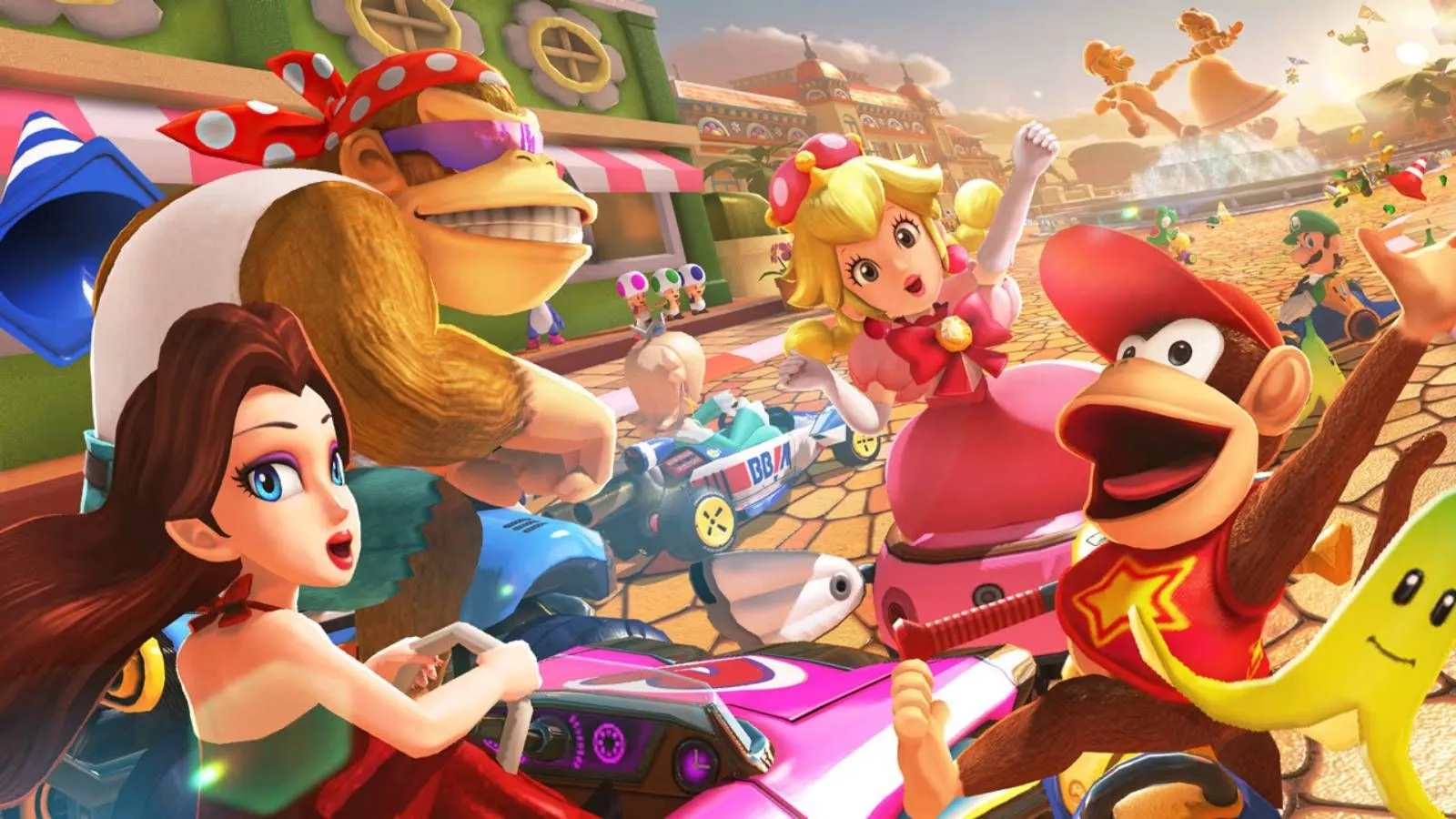 Khoảnh khắc gay cấn trong game đua xe Mario Kart, cho thấy đồ họa chi tiết và không khí sôi động của tựa game sẽ có mặt trên Nintendo Switch 2