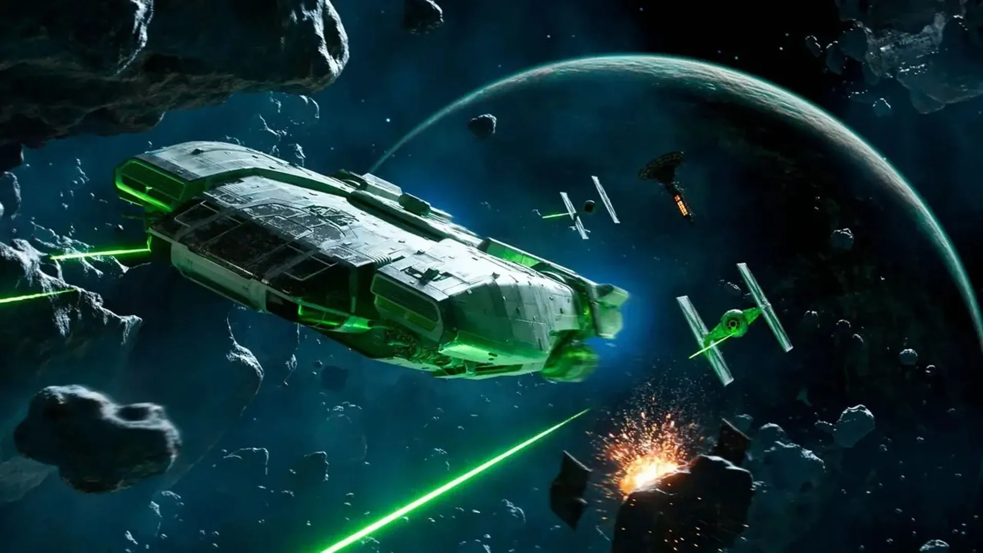 Khoảnh khắc Kay Vess điều khiển phi thuyền xuyên qua không gian, đối mặt với phi cơ TIE Fighters trong Star Wars Outlaws, thể hiện gameplay phiêu lưu.