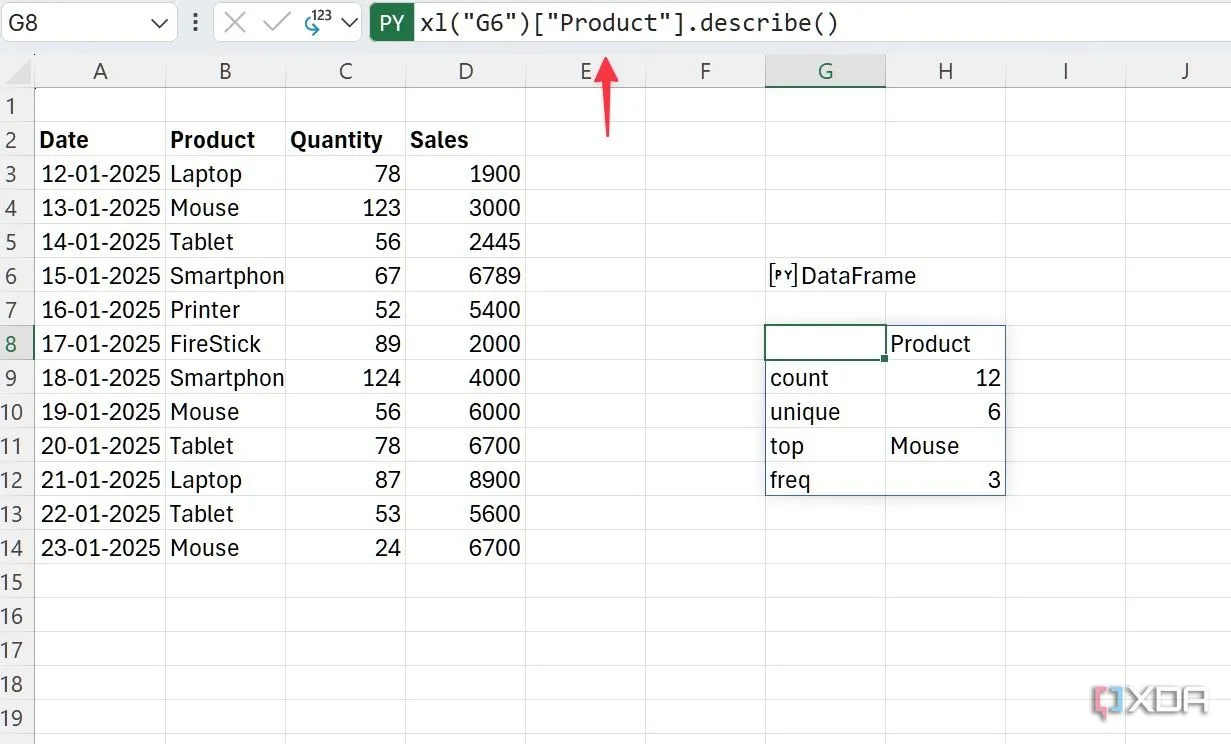 Kiểm tra chi tiết sản phẩm bằng Python trong Excel với phương thức describe() và tham số &quot;Product&quot;