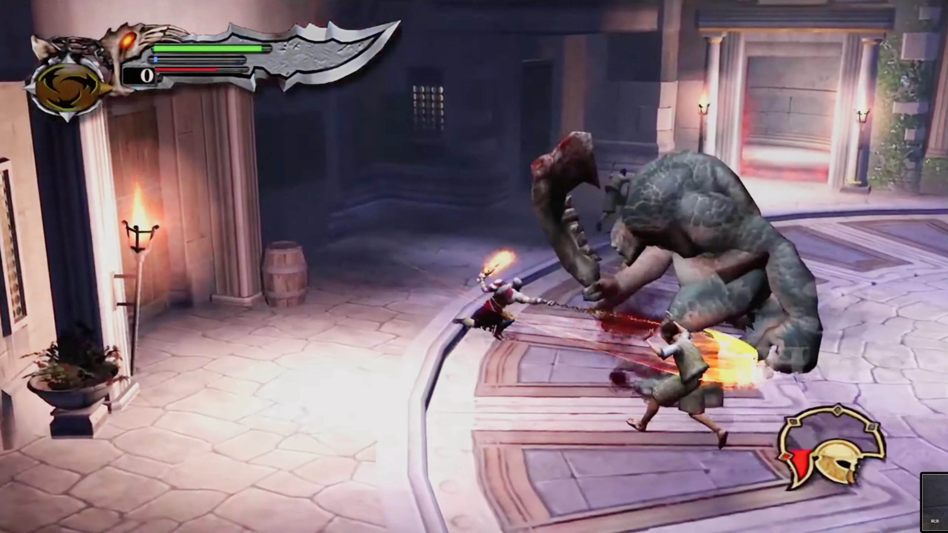 Kratos đang thực hiện một đòn kết liễu tàn bạo trong God of War (2005), minh họa phong cách hành động Hack and Slash.
