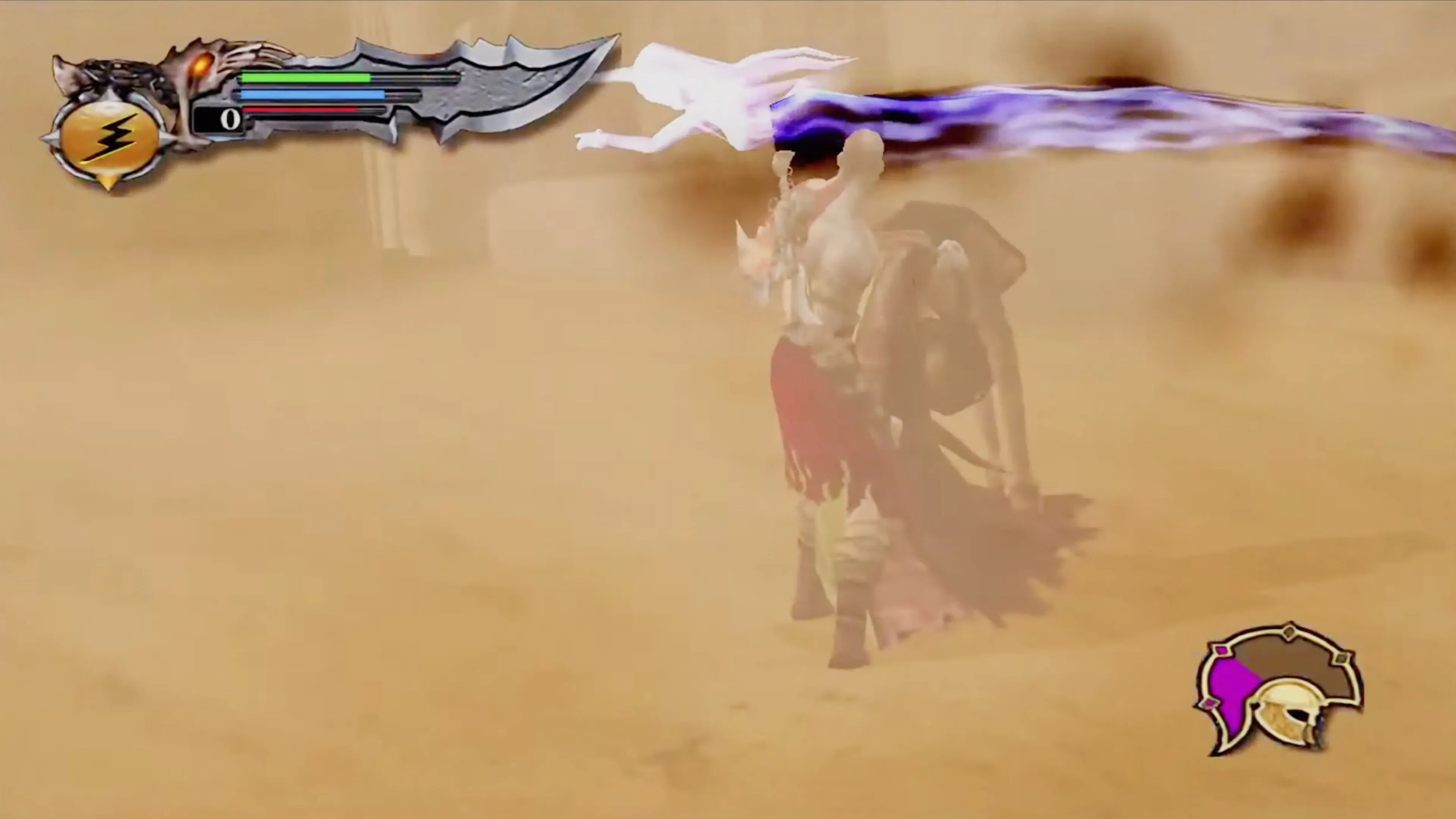 Kratos đang thực hiện pha hành động bay nhảy và đu dây trong God of War (2005).