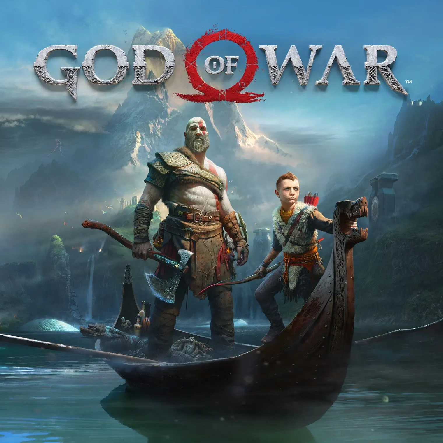 Kratos và Atreus trong hình ảnh sản phẩm game God of War 2018, thể hiện mối quan hệ cha con và bối cảnh Bắc Âu.