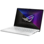 Laptop ASUS ROG Zephyrus G14 (2023) màu trắng bạc nhìn từ góc phía trước, thể hiện thiết kế mỏng nhẹ và hiện đại của dòng gaming di động.