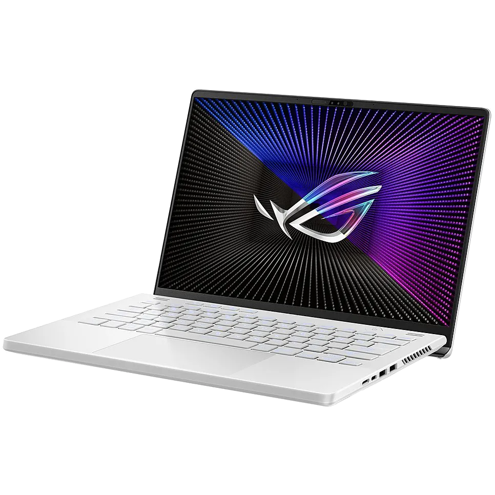 Laptop ASUS ROG Zephyrus G14 (2023) màu trắng bạc nhìn từ góc phía trước, thể hiện thiết kế mỏng nhẹ và hiện đại của dòng gaming di động.