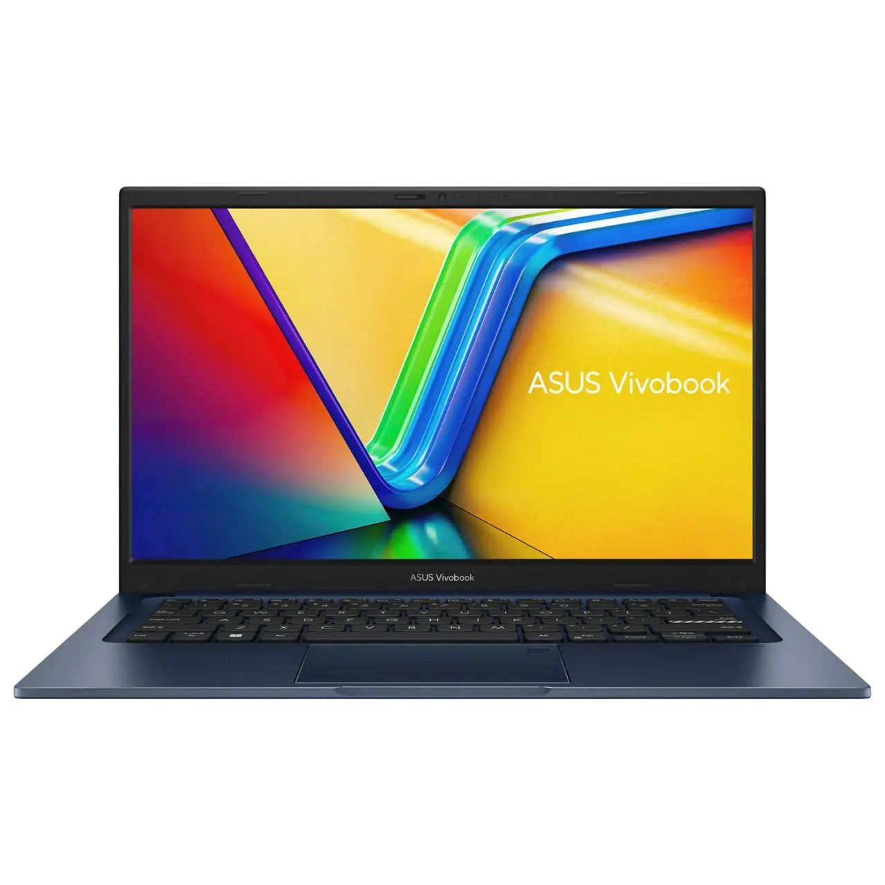 Laptop Asus Vivobook 14 màu xanh yên tĩnh nổi bật trên nền trắng, thể hiện thiết kế tinh tế của dòng máy tính xách tay giá rẻ.