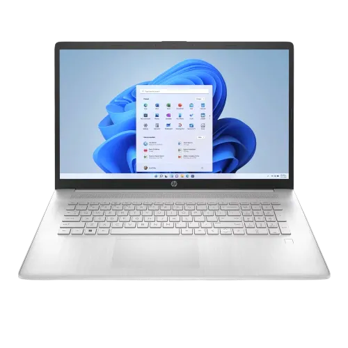 Laptop HP AI 17 inch màu bạc với màn hình lớn hiển thị giao diện làm việc