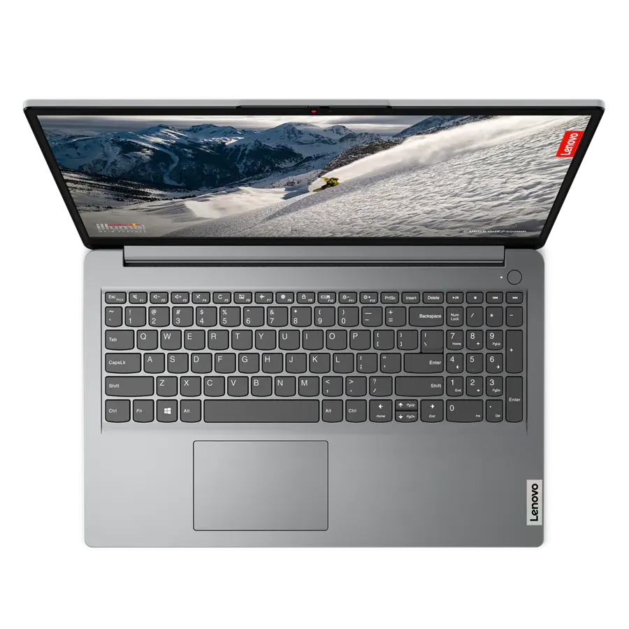 Laptop Lenovo IdeaPad 1 màu Xám Storm với màn hình mở, góc nhìn từ trên xuống