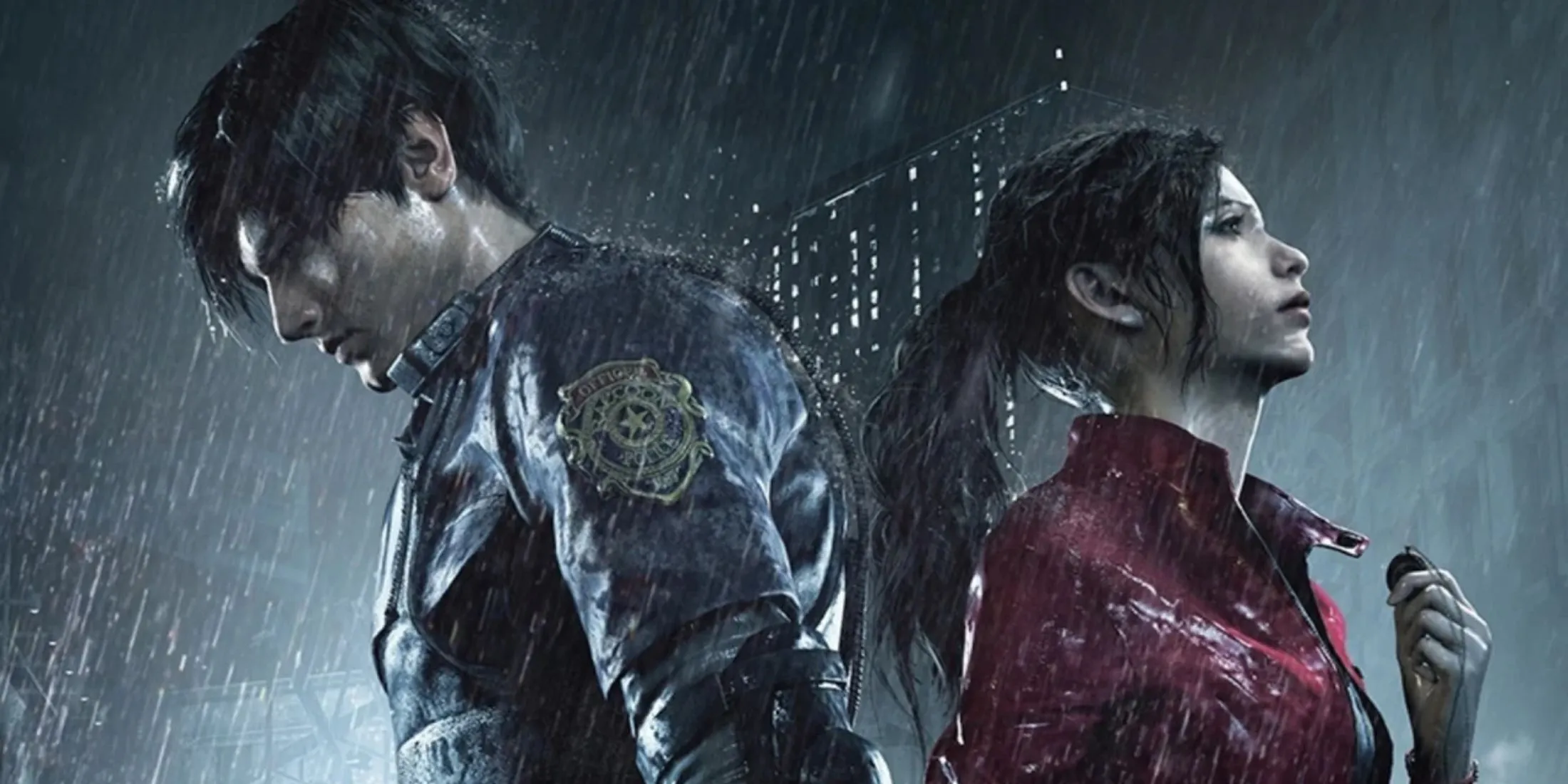 Leon và Claire đứng tựa lưng trong mưa, thể hiện sự hợp tác trong Resident Evil 2 Remake