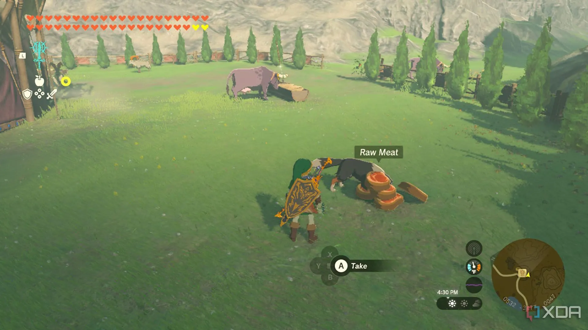Link cho chó ăn tại chuồng ngựa trong The Legend of Zelda: Tears of the Kingdom để tìm kho báu ẩn.