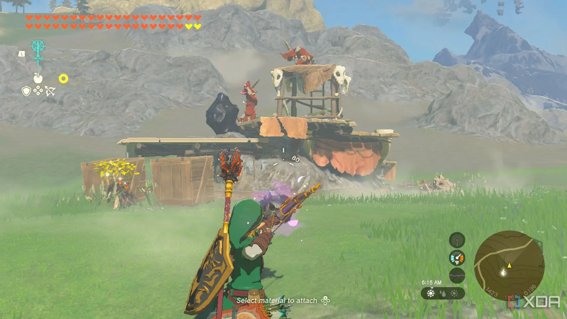 Link dùng Muddle Bud để khiến Battle Talus ném kẻ địch khỏi lưng trong Zelda TotK.