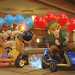 Link và Bowser đang đua trong game Mario Kart 8 Deluxe, thể hiện sự đa dạng nhân vật và đường đua