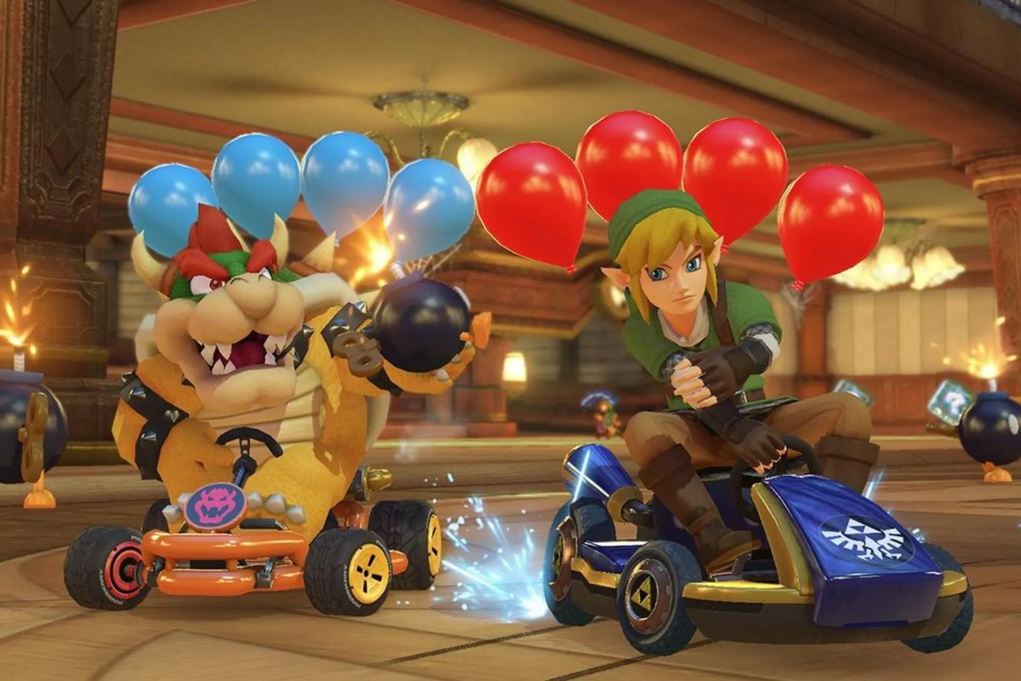 Link và Bowser đang đua trong game Mario Kart 8 Deluxe, thể hiện sự đa dạng nhân vật và đường đua