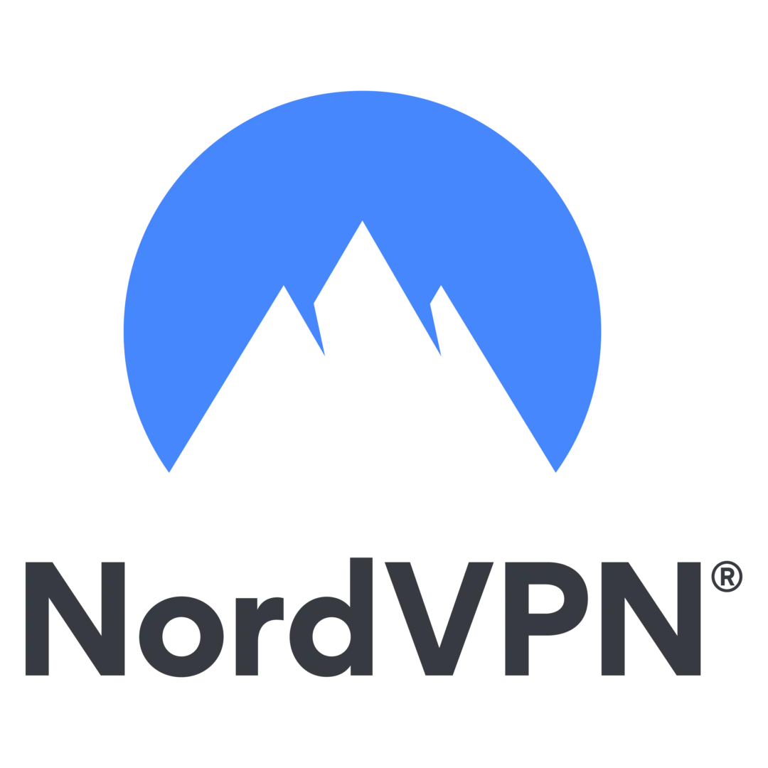 Logo của NordVPN với hình ảnh ngọn núi đơn giản trên nền vòng tròn màu xanh, biểu tượng của sự bảo mật và kết nối toàn cầu.