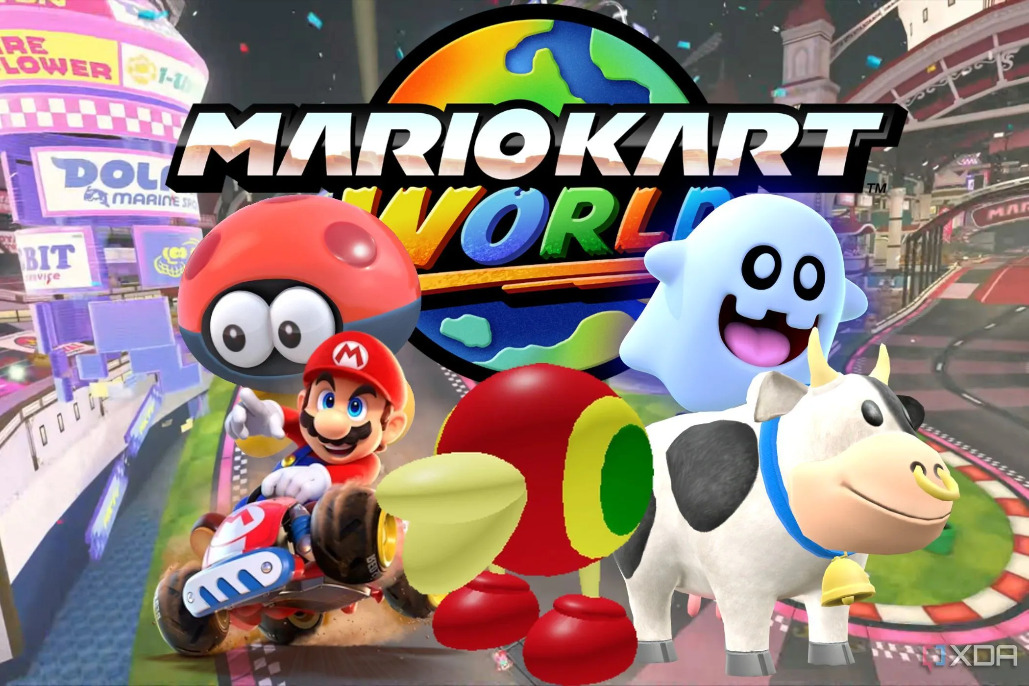 Logo Mario Kart World với các nhân vật quen thuộc và mới lạ
