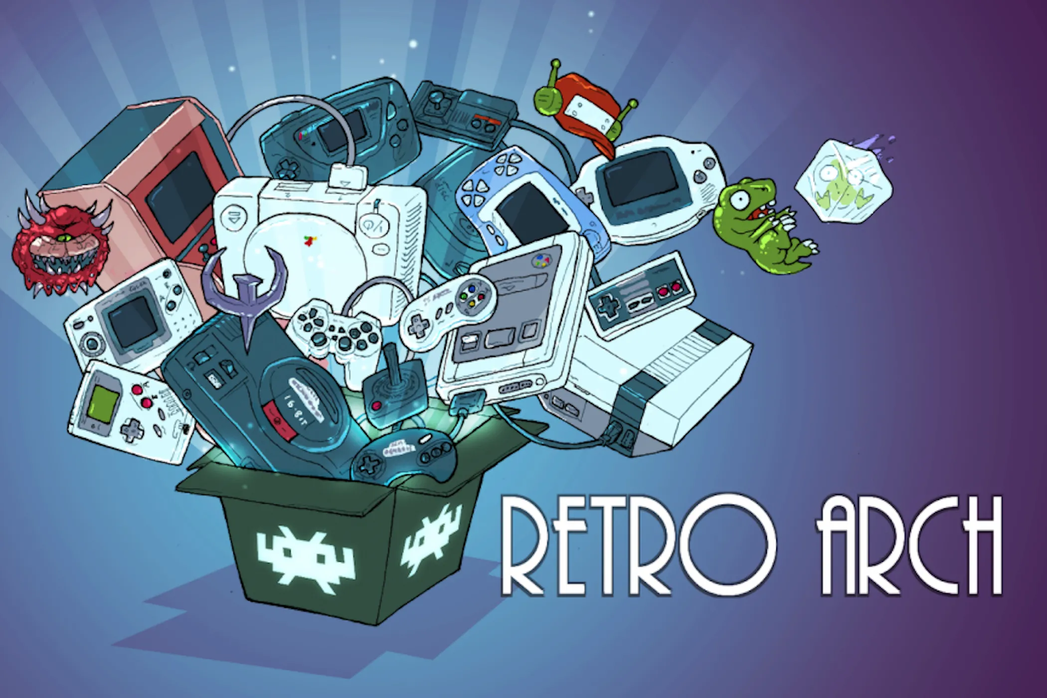 Logo và hình ảnh chủ đạo của RetroArch, một phần mềm giả lập đa năng được tích hợp mượt mà với LaunchBox.