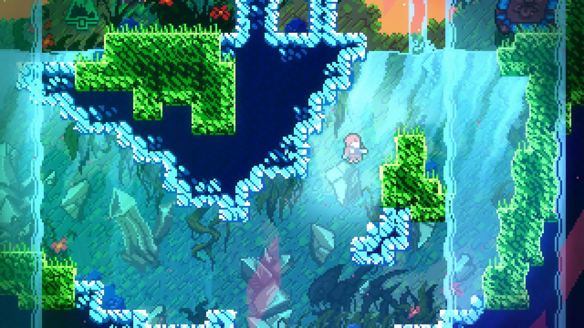 Madeline đang nhảy về phía một bệ xanh lá cây trong hang động ngầm của game Celeste