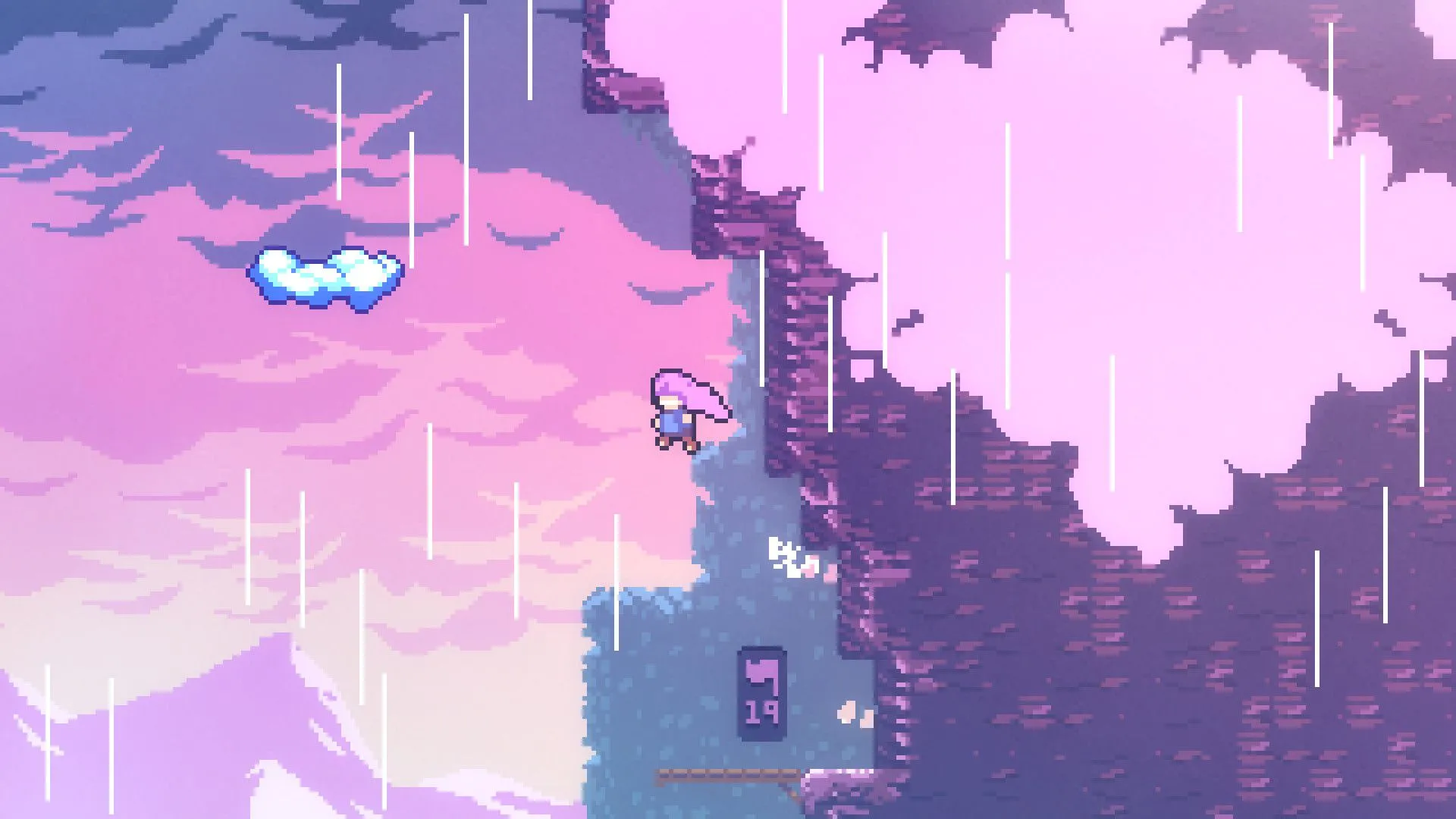 Madeline nhảy tới đám mây trên sườn núi, thể hiện phong cách nghệ thuật pixel và thử thách platforming trong Celeste