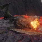 Magma Wyrm Elden Ring đang bò trên dung nham, thể hiện kích thước khổng lồ và môi trường chiến đấu đầy hiểm nguy.