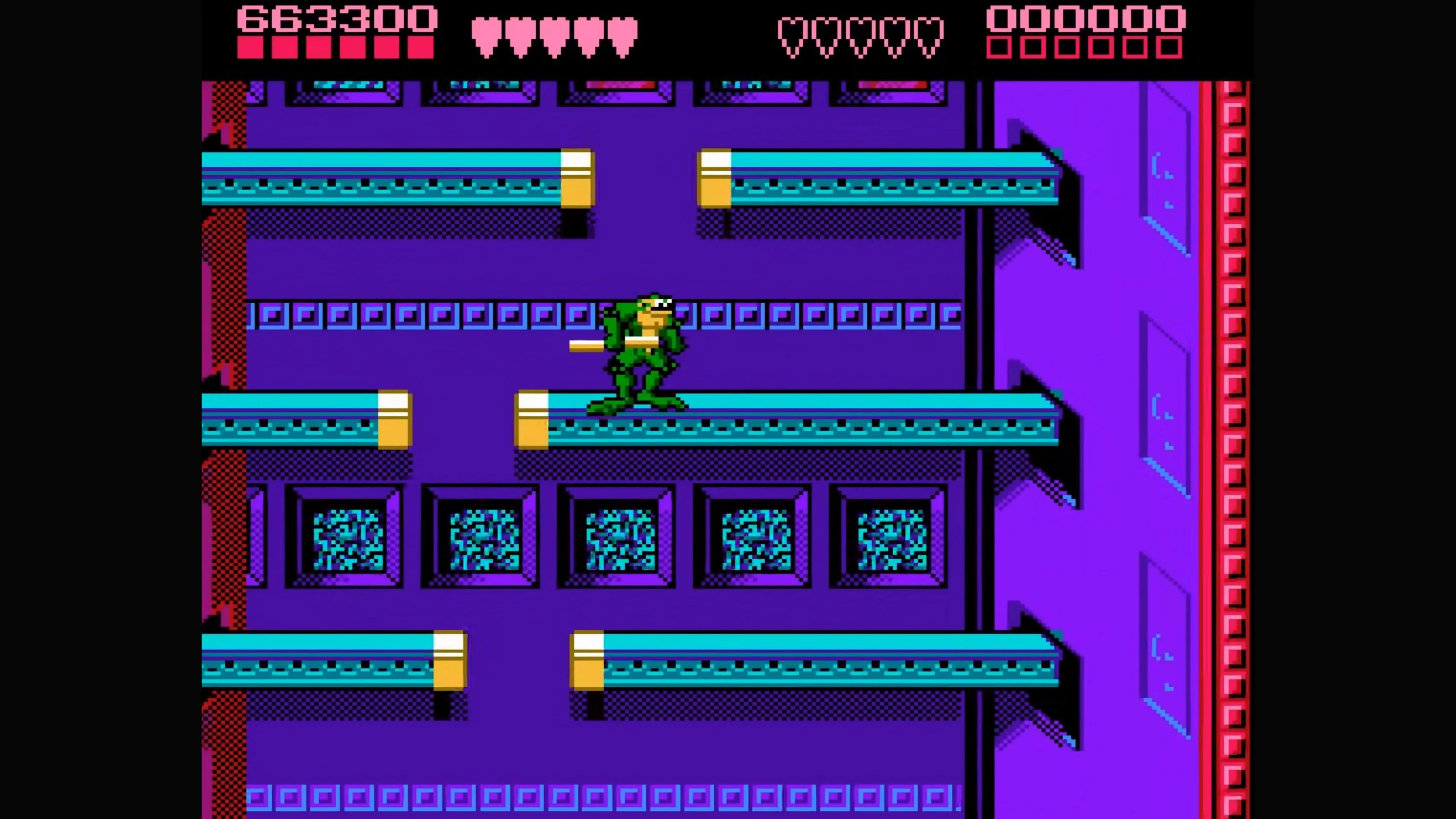 Màn chơi platformer đầy thử thách của Battletoads (1991) với các nền tảng di chuyển và bẫy