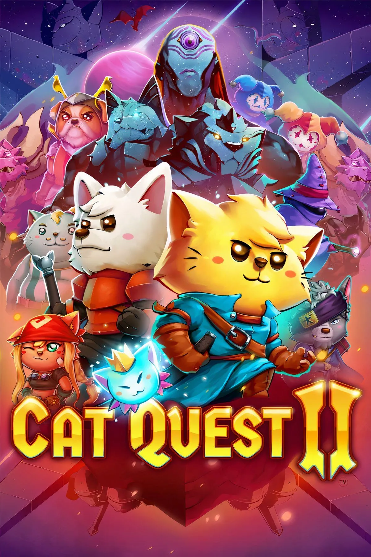 Màn hình bìa game Cat Quest II hiển thị hai nhân vật chính là mèo và chó đang cùng nhau phiêu lưu, minh họa cho lối chơi co-op và thế giới giả tưởng đầy màu sắc.