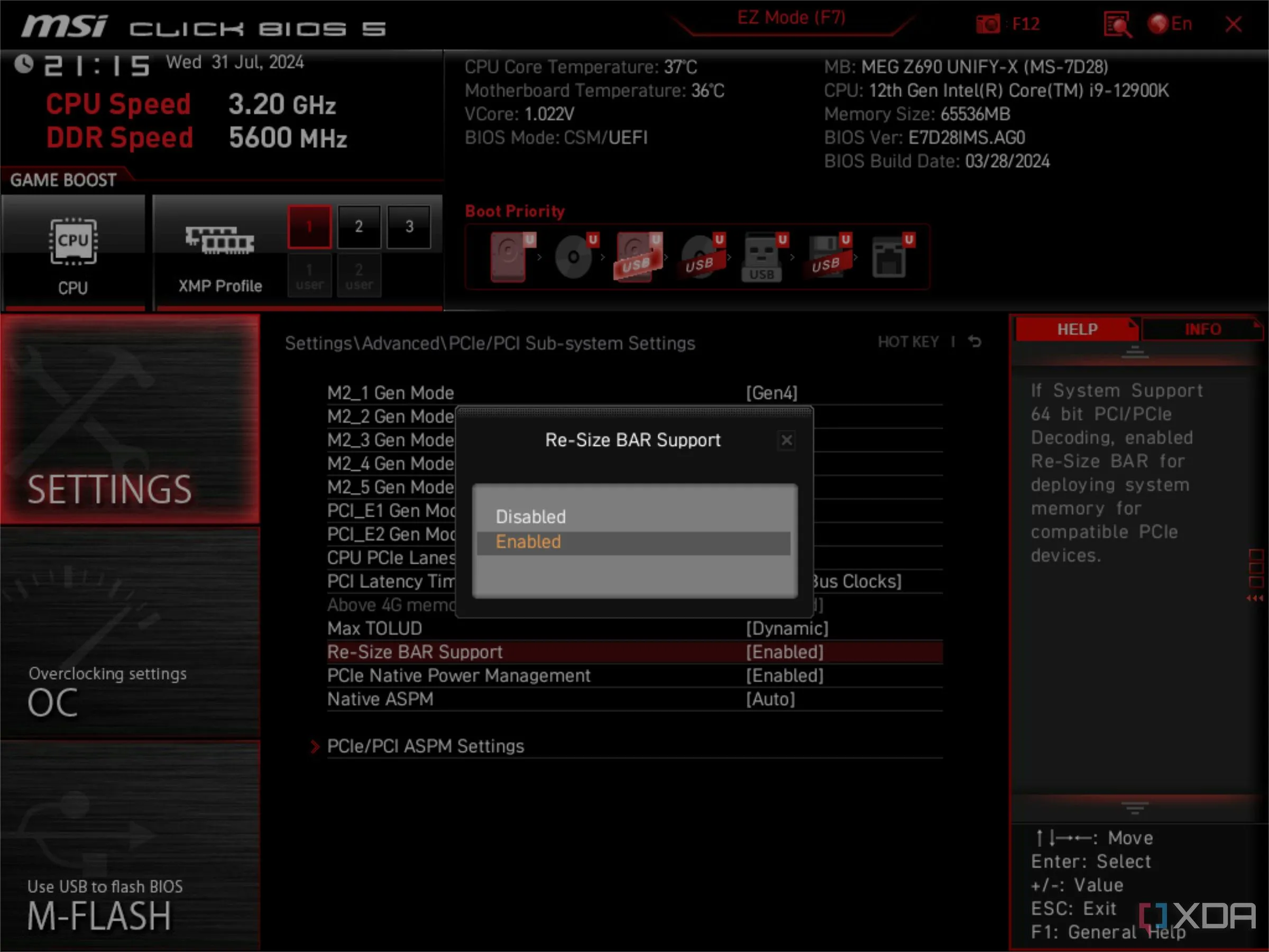Màn hình BIOS MSI với tùy chọn Resizable BAR, thường yêu cầu GPT và tắt CSM để hoạt động tối ưu