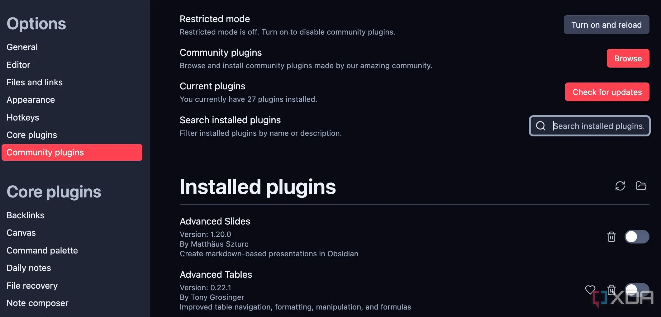 Màn hình cài đặt Obsidian với tùy chọn &quot;Community plugins&quot; để quản lý tiện ích mở rộng