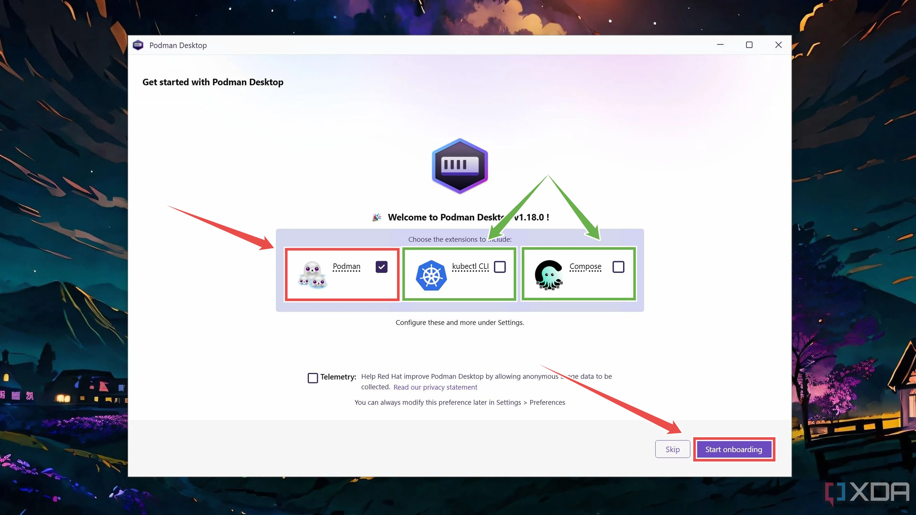 Màn hình cài đặt Podman Desktop với tùy chọn Podman extension được chọn để tiếp tục cài đặt.