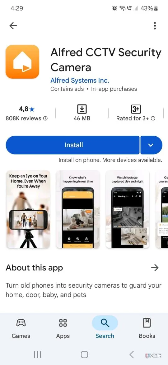 Màn hình cài đặt ứng dụng Alfred Security từ Google Play Store trên điện thoại Android