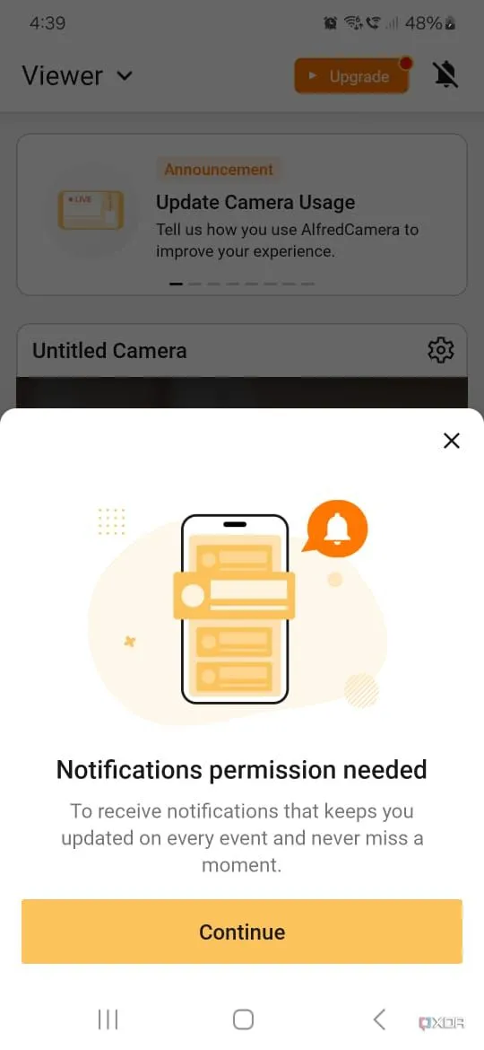 Màn hình cấp quyền truy cập cần thiết cho ứng dụng Alfred Security (camera, micro, vị trí, file)