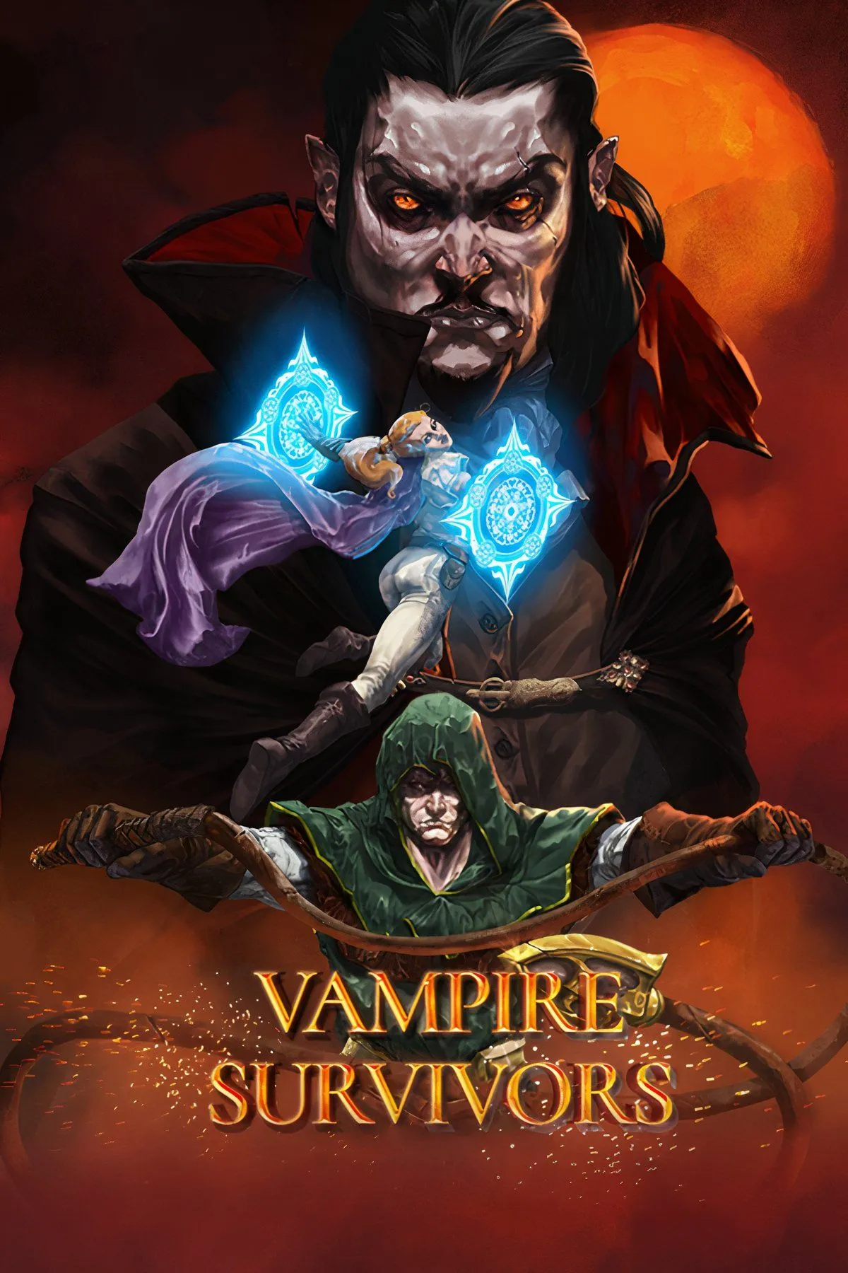Màn hình chiến đấu đầy kịch tính trong Vampire Survivors, với vô số kẻ thù và các hiệu ứng vũ khí tự động
